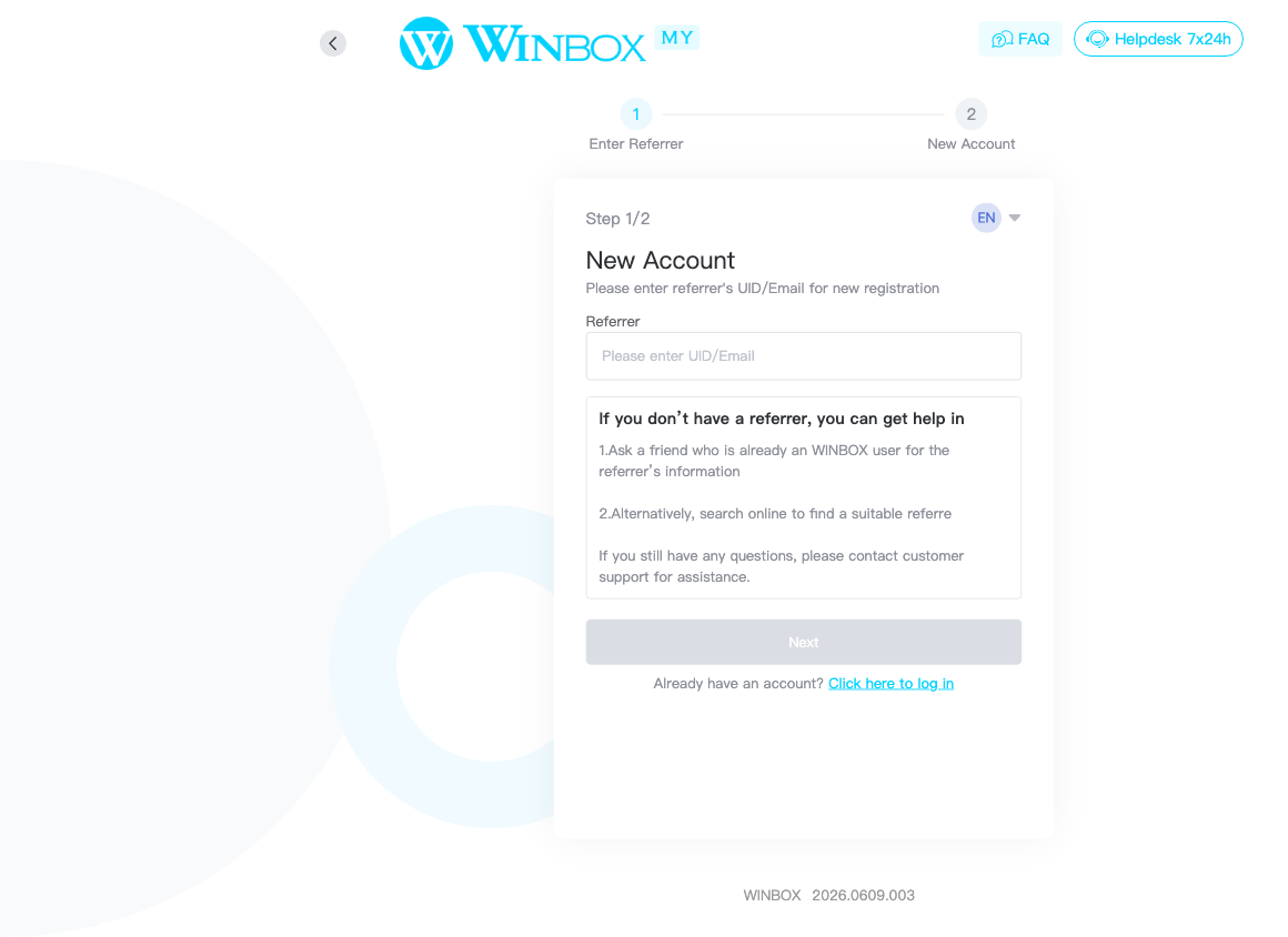 Winbox New Account Step 1 of 2 screen asking for a referrer's UID or email