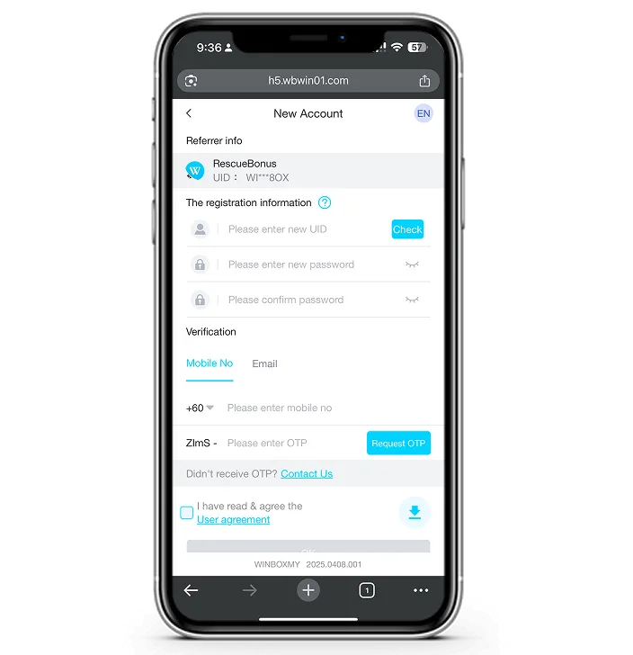Registration form showing referrer info, a UID field with a Check button, password and confirm-password fields, and Mobile/Email verification tabs